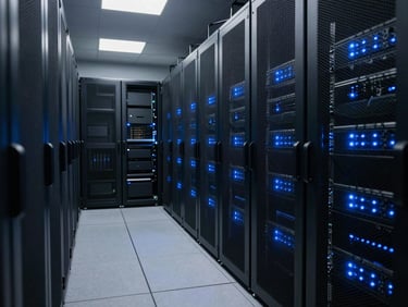 Wide panoramic shot of a modern sovereign data center corridor, dark server racks with blinking soft blue led indicators, clean architectural lines