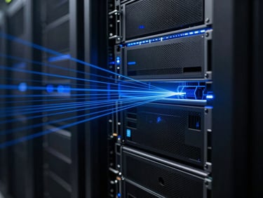 Abstract technical schematic overlaying a dark server rack environment, thin blue laser lines, futuristic scientific visualization, 16:9 landscape aspect