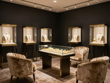 Cinematic wide shot of a luxurious private jewelry viewing room, velvet armchairs in champagne gold, dark charcoal walls, soft warm spotlights on glass cases displaying gold ornaments.