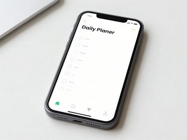 High-fidelity Android mockup of a clean daily planner app on a slate gray phone screen, bright studio lighting, flat-lay