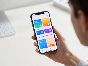 Over-the-shoulder view of a hand holding a clean Android phone showing a vibrant, high-fidelity productivity interface, bright natural daylight, modern minimalist setting