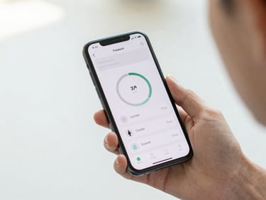 Close-up of a person's hand holding a phone displaying a minimalist hydration and step tracker app, bright morning light
