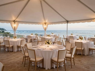 Medium shot of a beautifully arranged seating area inside a large event tent, featuring premium tables and chairs, with soft, ambient lighting, indicating luxury and comfort.