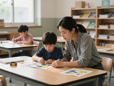 Wide environmental shot of a classroom during active session — a credentialed teacher kneeling beside a low table, leaning close to observe a child arranging sorting materials, natural north-facing window light across the table surface, second child visible in soft focus background working independently, learning materials arranged deliberately on shelves behind, no posed eye contact with camera