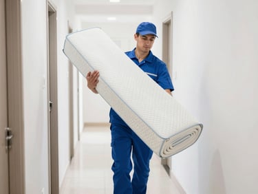 Uniformed professional carefully carrying a large rolled mattress down a clean residential hallway