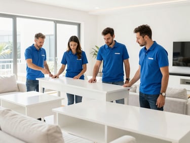 Branded crew clearing old furniture from a bright Dubai villa living room, high-key lighting, professional and organized