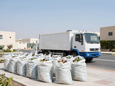 Clean outdoor garden area in Dubai with bagged green waste and construction debris ready for rapid hauling, sharp focus, 35mm.