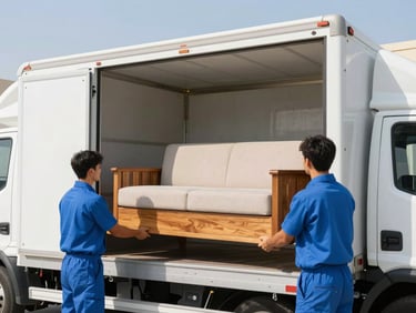Movers loading a large wooden sofa into a clean white transport truck, sunny outdoor setting in Dubai
