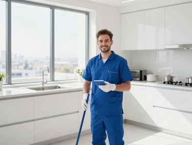 A professional cleaner in a bright, spotless modern Dubai villa kitchen, sunlight streaming through large windows