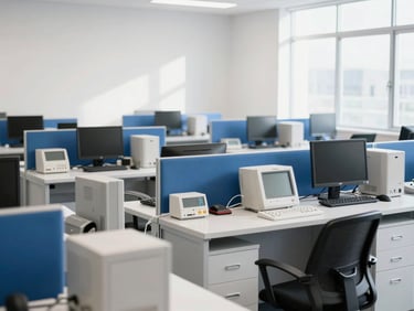 Bright commercial office space with old desks and electronics organized for eco-friendly recycling and clearance, crisp midday sunlight.