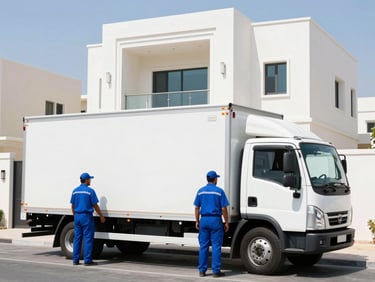 Branded white truck parked outside a clean Dubai villa, uniformed crew loading furniture in bright midday sun