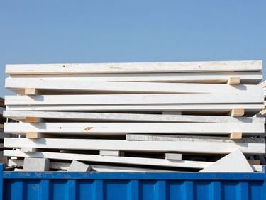 Sorted timber and concrete debris in a heavy-duty recycling container, clear blue sky overhead
