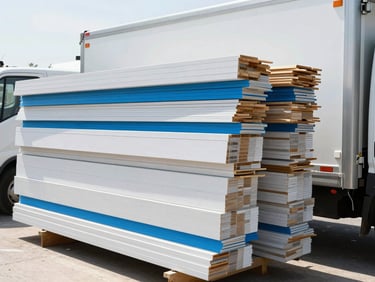 Organized construction waste materials like wood and drywall stacked neatly near a clean transport vehicle, bright daylight