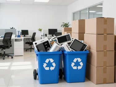 Clean office interior with sorted electronic waste, recycling bins, and cardboard boxes ready for hauling