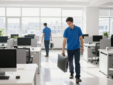 Clean office space with professional movers safely packing old monitors and office desks, bright corporate daylight