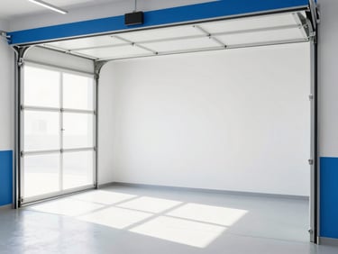 A clean, swept-empty garage space with bright natural light pouring in from the open door