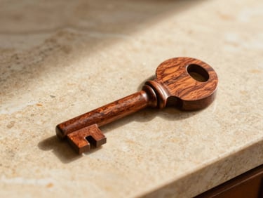 Tactile macro shot of hand-carved cedarwood keys resting on a textured sand-colored marble counter.