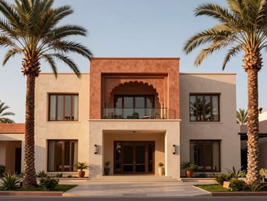 Architectural photograph of a modern luxury villa facade in Marrakech, clean lines, terracotta accents, majestic desert palms framing the frame