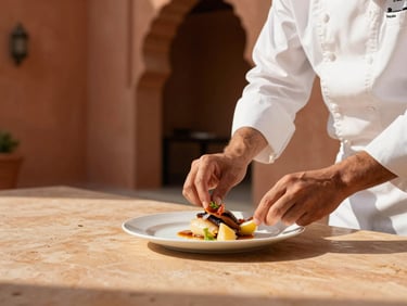 Hands of a professional private chef in a white uniform arranging a gourmet dish in a sunlit luxury riad kitchen.