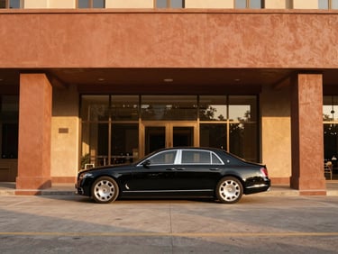 Luxury black sedan parked outside a private terminal, warm golden-hour light, minimalist composition, 35mm lens.