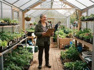 Wide environmental portrait of a local community leader standing inside a newly constructed neighborhood greenhouse, holding a wooden clipboard, soft natural daylight streaming through the panels.