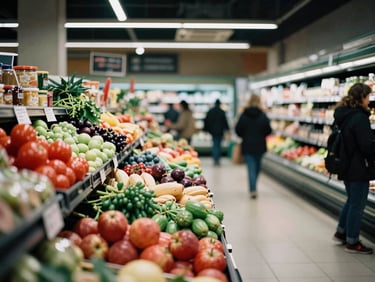 Bustling modern food market aisle, focus on colorful produce displays and artisanal goods, soft overhead lighting, rich crimson and forest green tones, shallow depth of field, 35mm film.