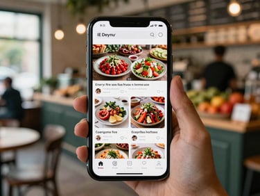 A mobile phone screen displaying a vibrant social media feed with food content, surrounded by natural light, a blurred background of a cafe or farm stand, soft Scandinavian daylight