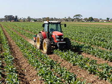 Tractor pequeño con equipo de fumigación, operando entre hileras de cultivos verdes saludables en un día soleado en Santa Elena.