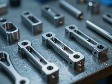 Anodized metal prototype parts on a clean workbench, macro depth of field, cool blue ambient tones with sharp highlights.