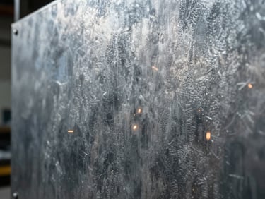 Detail of a bead-blasted metal panel with a unique texture, directional workshop light, sharp focus, cool steel tones.