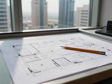 Wide architectural floor plan spread flat on a drafting table under cool north-facing window light, a single pencil resting on the paper, Dubai Marina tower visible through the window in soft focus