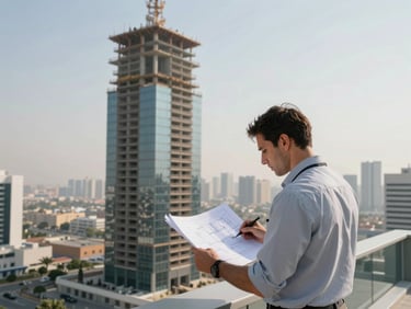 Rooftop terrace of an under-construction residential tower in MBR City, a single site supervisor reviewing architectural drawings, city skyline visible in the background under soft daylight