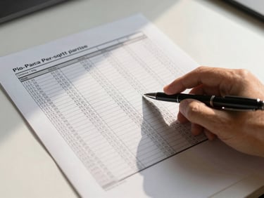 Close overhead view of a printed price-per-sqft comparison chart on a white desk, a hand pointing to a data column with a pen, warm east-facing morning light casting a soft shadow