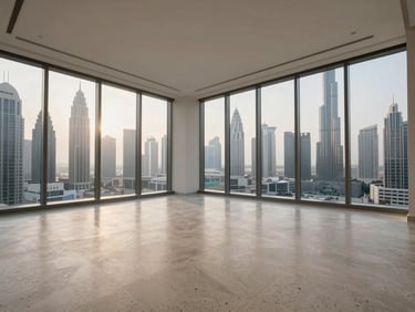 Wide empty living space in a Downtown Dubai apartment, high ceilings, tall east-facing windows showing Burj Khalifa silhouette in early morning light, pale terrazzo floor