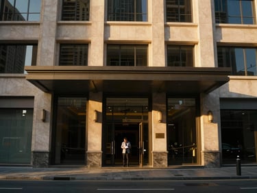 Wide environmental shot of Downtown Dubai seen from a building entrance at street level, golden-hour light angling across the facade, a single figure pausing at the threshold reviewing a document