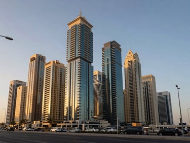 Wide shot of a mid-rise residential block in Dubai Marina district, viewed from street level at golden hour, surrounding towers providing neighbourhood context