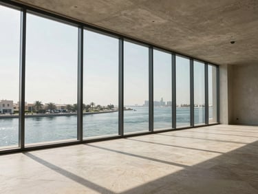 Wide interior shot of an empty high-floor Dubai apartment, floor-to-ceiling glass wall facing the creek waterfront, natural north-facing daylight, concrete ceiling and pale stone floors showing scale and proportion