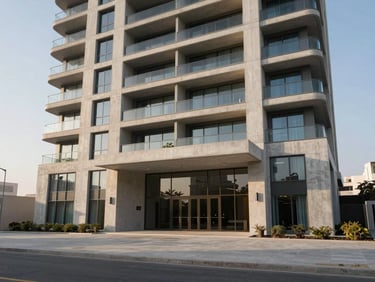 Ground-level entrance of a contemporary Dubai residential tower, clean concrete facade catching morning east-facing light, empty forecourt emphasising scale and proportion