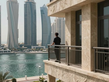 Architectural detail of a balcony railing on a Dubai Marina tower, a single figure standing at the railing looking outward toward the marina water, shot from behind, natural daylight, marina context visible in the background