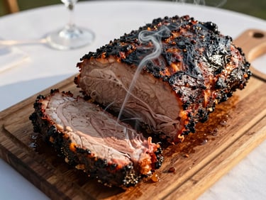 Close-up overhead shot of a whole smoked brisket being carved on a wooden board at a wedding reception table setting, golden hour light, smoke ring visible in the cross-section