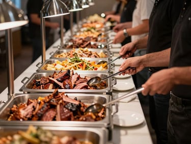 Side view of a long buffet line at a catered event, chafing dishes filled with smoked meats and sides, guests serving themselves under warm venue lighting