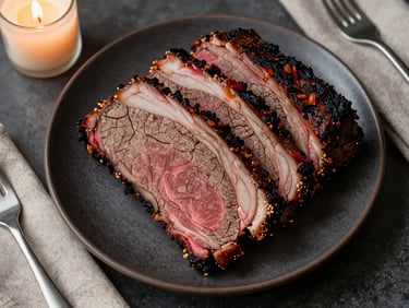 Close-up overhead of a private dinner table — plated smoked brisket slices fanned across a dark ceramic plate, smoke ring clearly visible in the cross-section, warm candlelight from upper left, linen napkin and fork at edge, intimate atmosphere