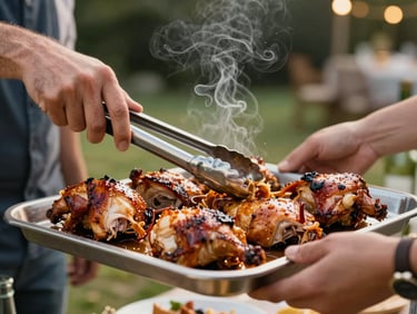 Hands using tongs to arrange smoked chicken halves on a serving tray at a private backyard evening party, warm ambient light, smoke visible in the background