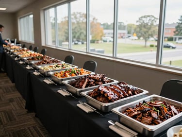 Wide overhead view of a corporate event buffet spread with stacked ribs, pulled pork trays, and sides arranged on long tables in a conference venue, open-sky daylight through tall windows