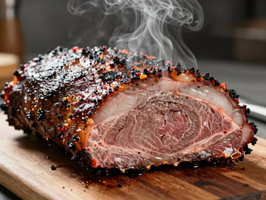 Extreme close-up of a whole smoked brisket mid-carve on a cutting board, deep smoke ring visible, rendered in warm morning smokehouse light