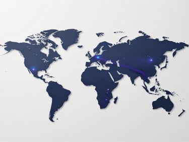 A clean, modern network diagram showing automated policy updates syncing across global regions, subtle purple and cyan light paths, straight-on macro view.