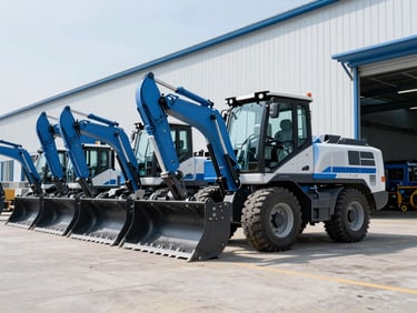 Clean heavy machinery parked in an organized industrial environment, cool blue tones, professional daylight photography.
