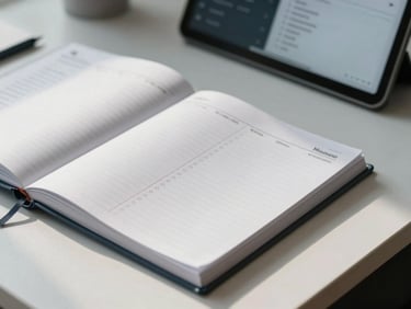 Close-up of organized high-end workspaces with physical planners and modern clean digital interfaces under cool crisp daylight.