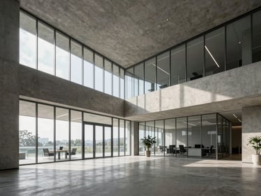 Wide panoramic view of a modern minimalist office lobby with sharp architectural concrete lines and glass partitions, cool daylight, no people.