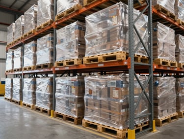 Wide environmental shot of organized warehouse bays, shrink-wrapped cargo pallets stacked high on heavy steel racks, bright neutral industrial daylight, sharp technical focus on logistics infrastructure.